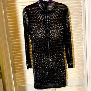 Black Embellished Long-Sleeve Midi Dress